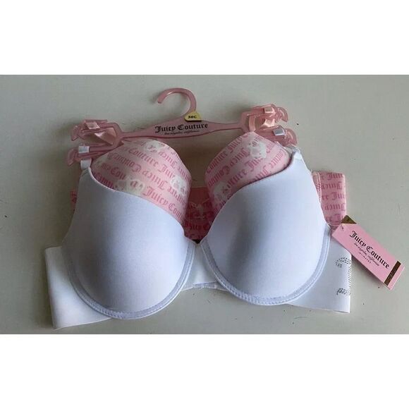 2 Pack Juicy Couture Bra Sz 38C SEXY Push Up JC5301 Bling White Pink Logo NEW - Picture 1 of 7
